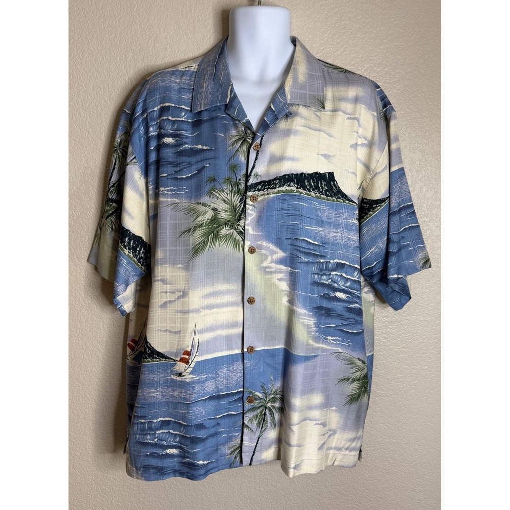 Tommy Bahama Mens XL Shirt Blue‎ Tropical Island Sailboat Silk Camp Button Up